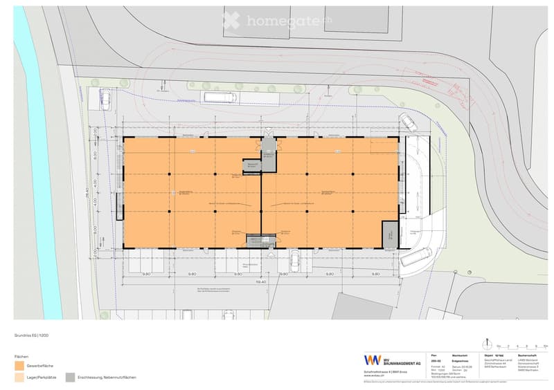 Ground floor plan of a commercial building showing layout with designated areas for storage, parking, and access.