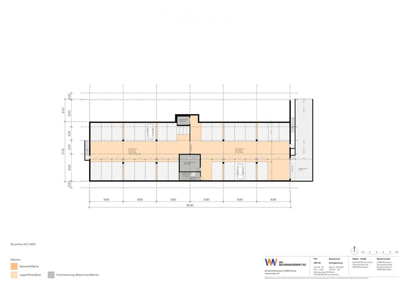 Floor plan of a commercial building with multiple parking spaces, storage areas, and access pathways.