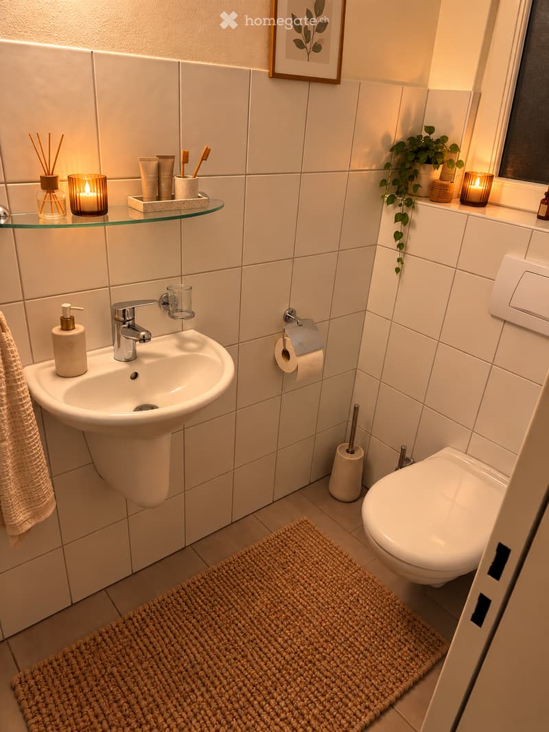 Modern bathroom with white tiles, a glass shelf holding candles and toiletries, a sink with a modern faucet, a toilet, a woven bathroom rug, and a small plant on the windowsill.