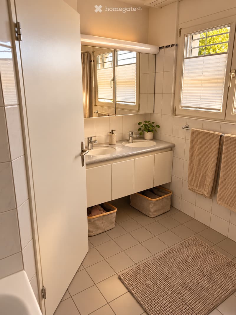 Modern bathroom with white tiles, double sink, mirrored cabinet, and natural light from windows. Includes towels, a small plant, and a woven rug.