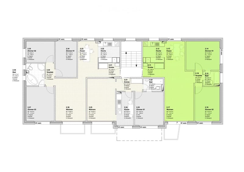 Floor plan of a residential space with multiple rooms including bedrooms, bathrooms, kitchen, living areas, and entrances.