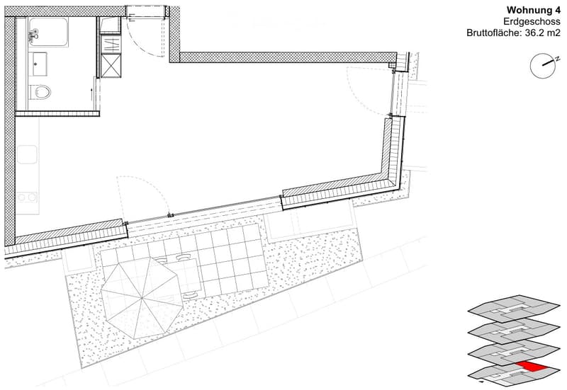 Floor plan of a ground floor apartment with a bathroom, living area, and outdoor patio.