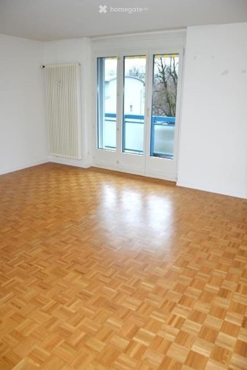 Empty room with wooden herringbone flooring, white walls, large windows with white frames, and a radiator on one wall.