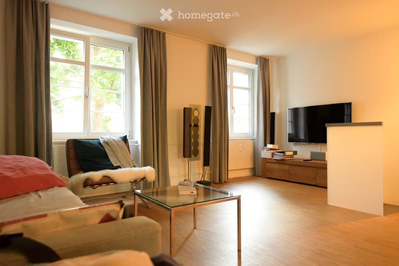 Modern living room with large windows, light wooden flooring, a sofa with pillows, a glass coffee table, a TV on a stand, and a speaker system.