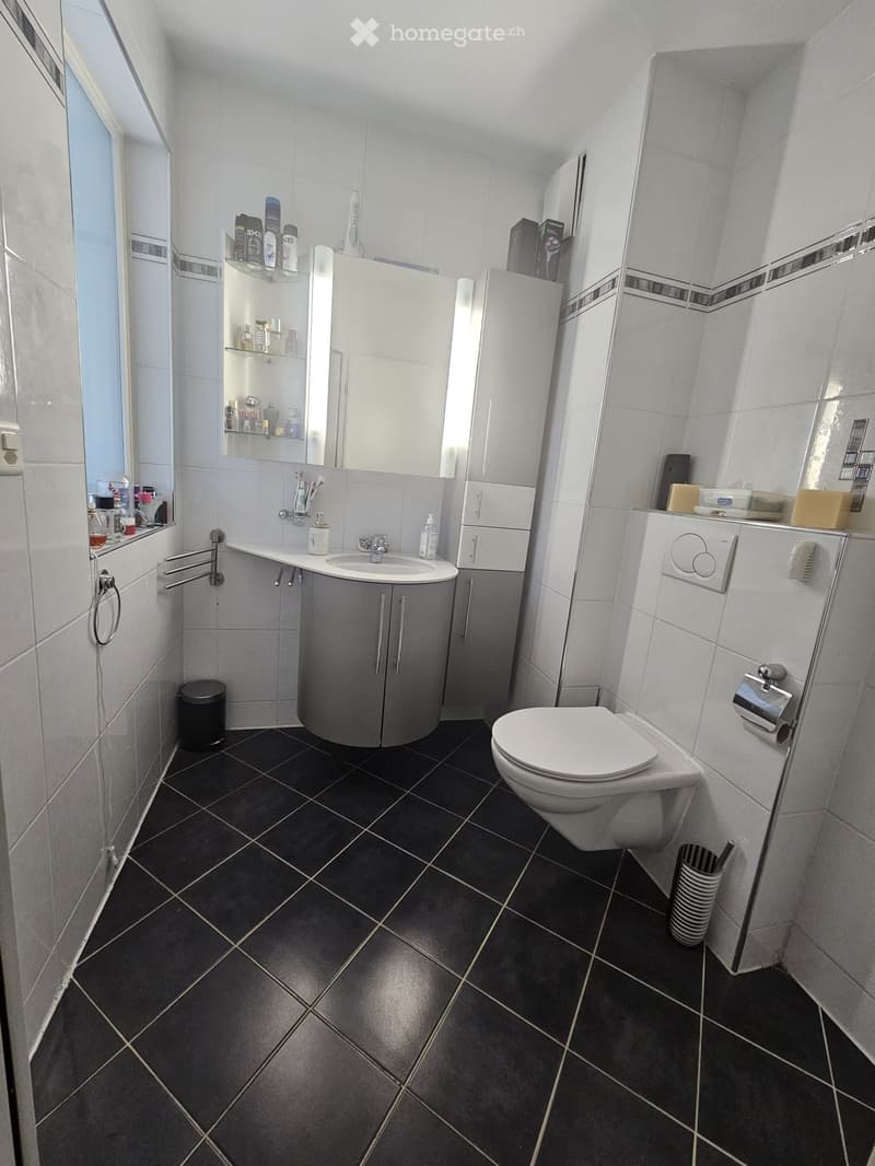 Modern bathroom with dark tiled floor, white walls, sink with cabinet, toilet, mirror, and shower shelf.