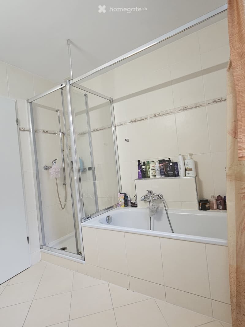 Bathroom with a bathtub, glass-enclosed shower, tiled walls, and a shelf holding various toiletries.