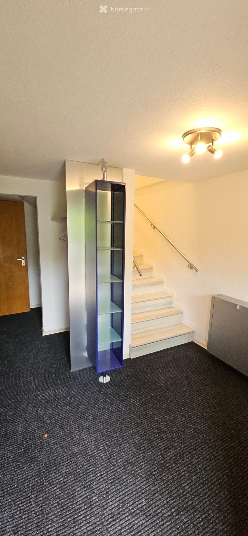 Empty hallway with carpeted floor, staircase leading upwards, glass display cabinet, and a wooden door on the left.