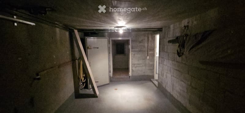 Empty concrete corridor with a single light fixture, a closed door, and a partially open doorway leading to another area.