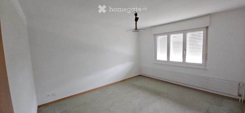 Empty room with white walls, carpeted floor, and a single window with shutters. No furniture or equipment present.
