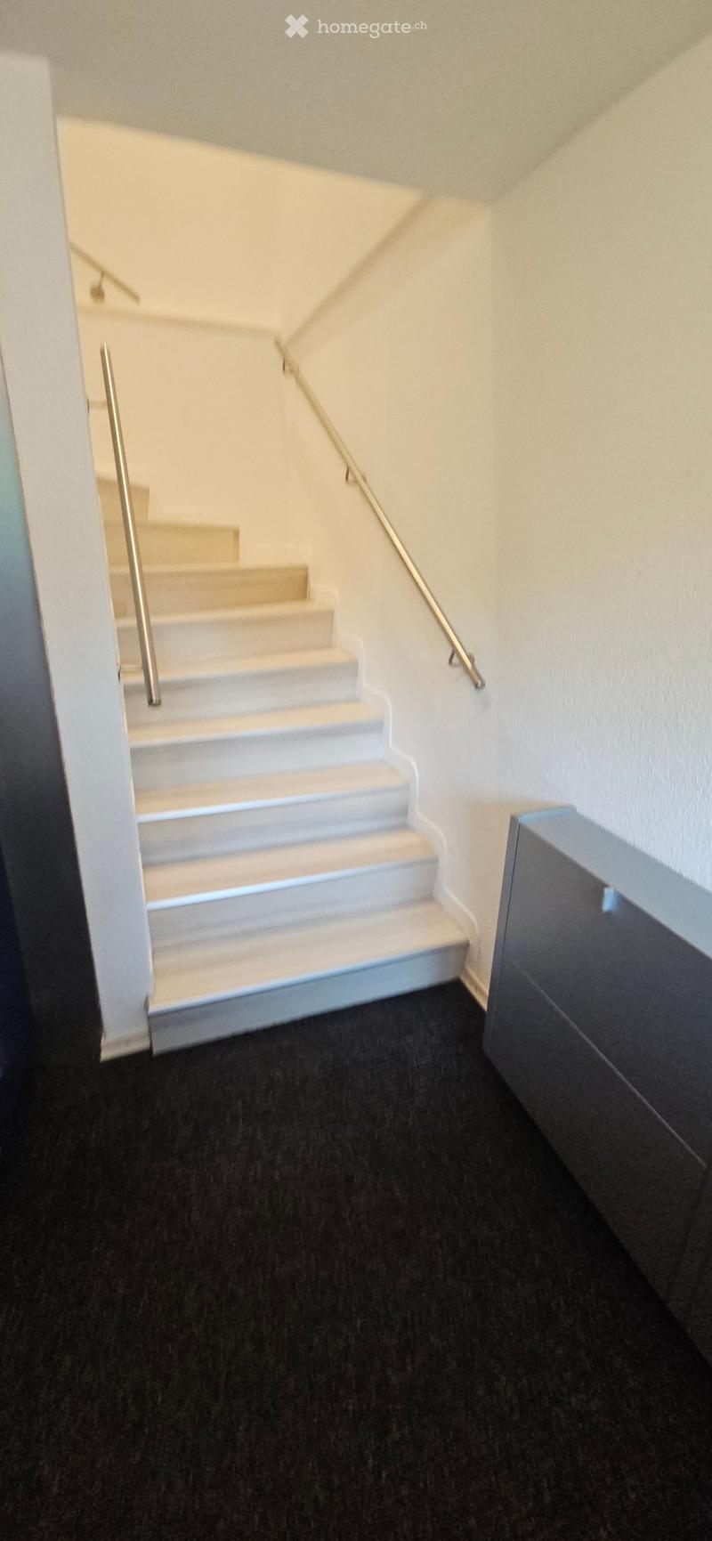 Modern staircase with white steps and metal handrails, leading upwards, with dark carpeted floor and white walls.