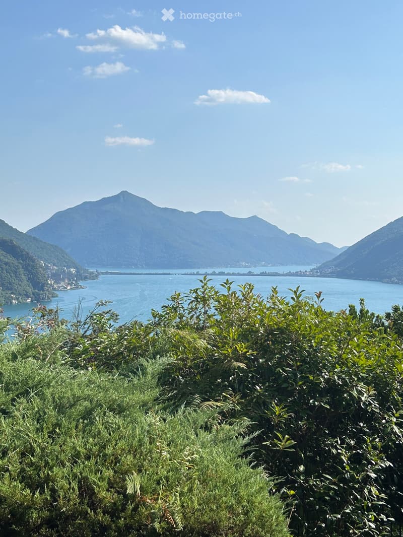 A scenic view of a lake surrounded by mountains, with lush green bushes in the foreground and a clear blue sky above.