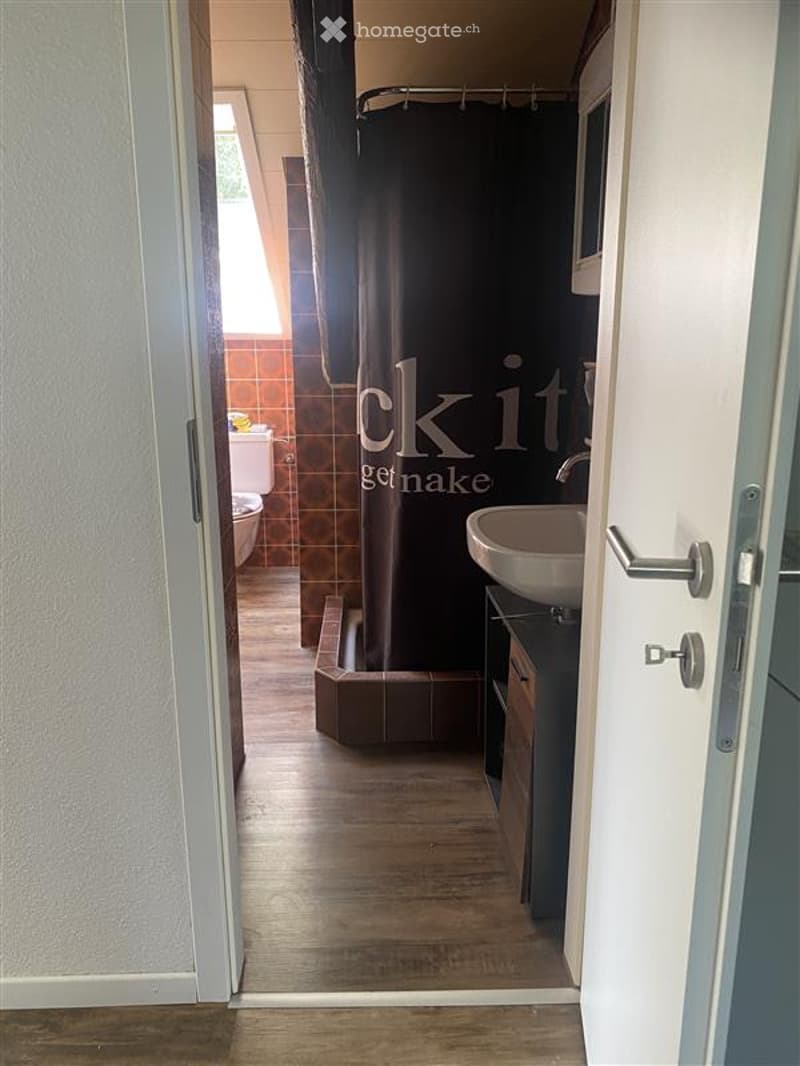Tiled floor, white sink, brown shower curtain, white toilet