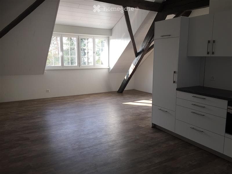 open room with wooden floor, white walls, two windows, open kitchen, kitchen counter, cabinets, drawers, and a small oven