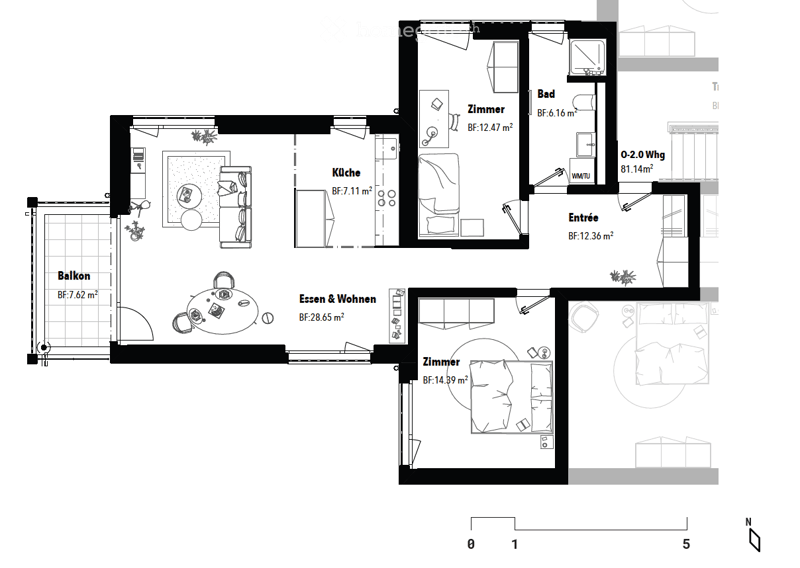 Floor plan showing a kitchen, living and dining area, two bedrooms, a bathroom, a balcony, and an entrance area.