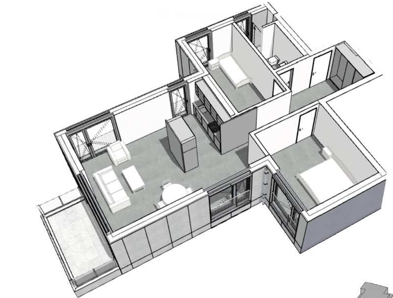 3D floor plan showing a two-story house with living room, dining area, kitchen, bedrooms, bathrooms, and a balcony.