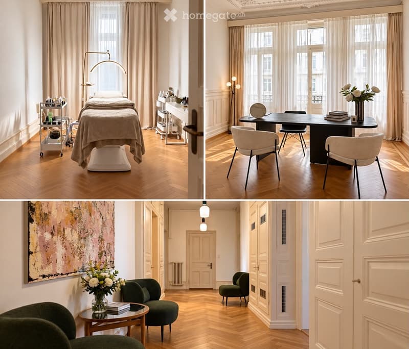 Three distinct rooms: a massage room with a massage bed, a reception area with a desk and chairs, and a lounge area with green armchairs and a coffee table.
