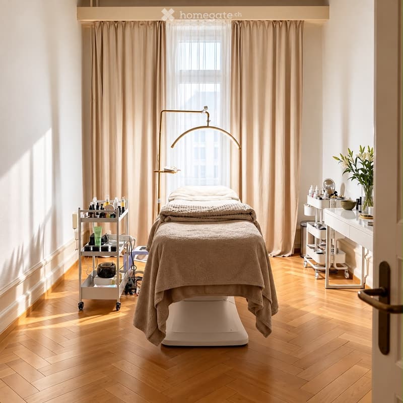 A well-lit, modern massage room with a massage table, wooden floor, large window with curtains, and carts with various items.