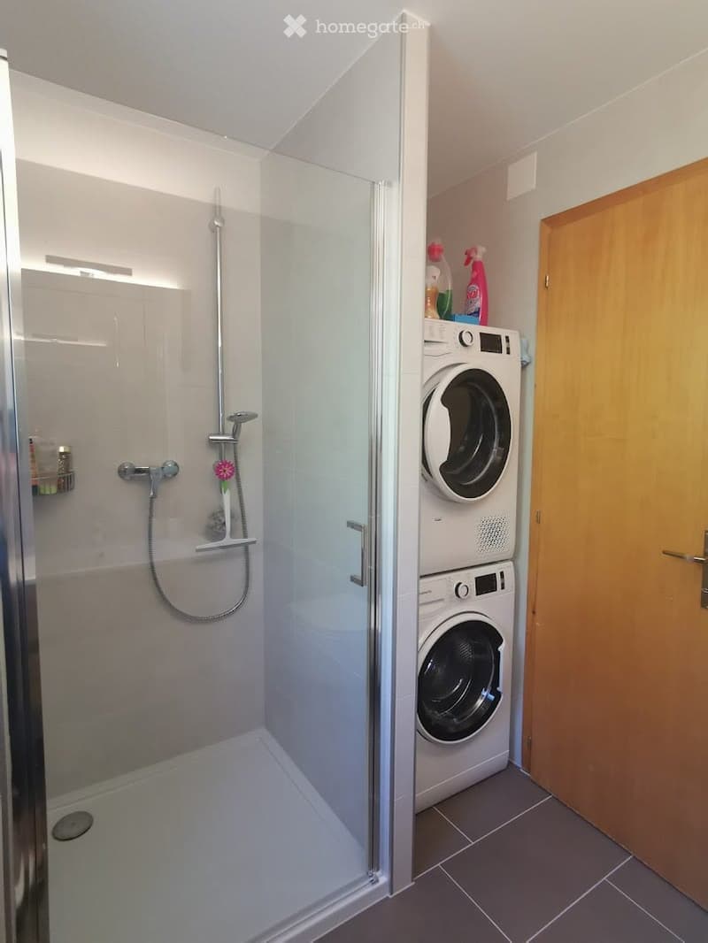 Modern bathroom with a glass-enclosed shower, a washing machine, and a dryer stacked together, along with cleaning supplies on a shelf.