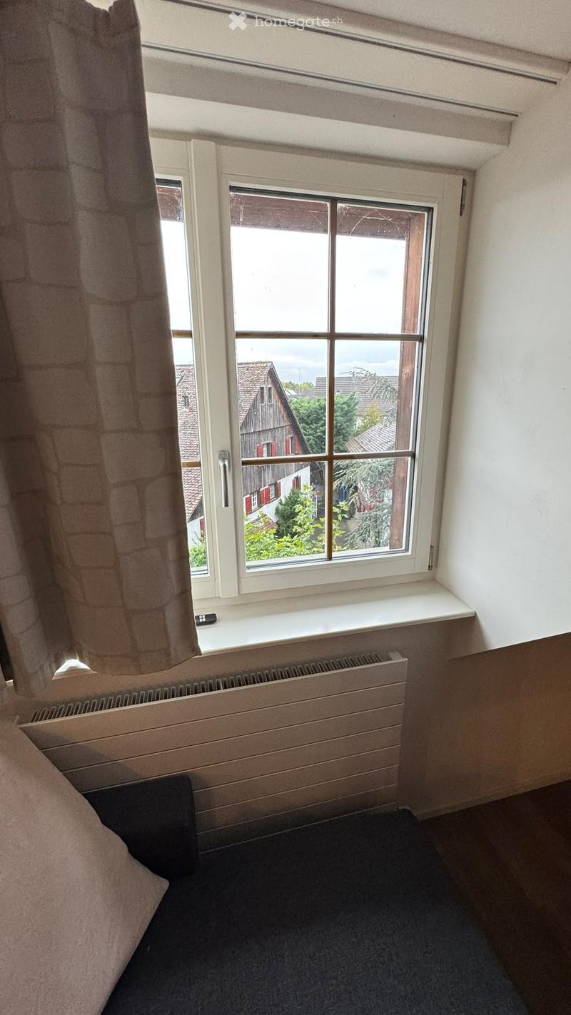Cozy bedroom with a large window offering a view of the neighborhood, featuring a radiator below the window and a curtain on the left side.