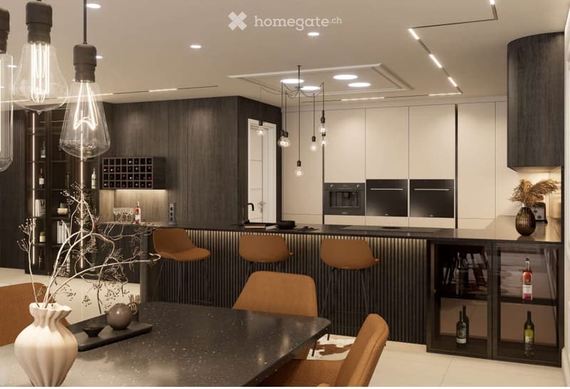 Modern kitchen with dark wood cabinets, white upper cabinets, bar counter, and pendant lights. Includes a wine rack, bar stools, and a dining table with chairs.