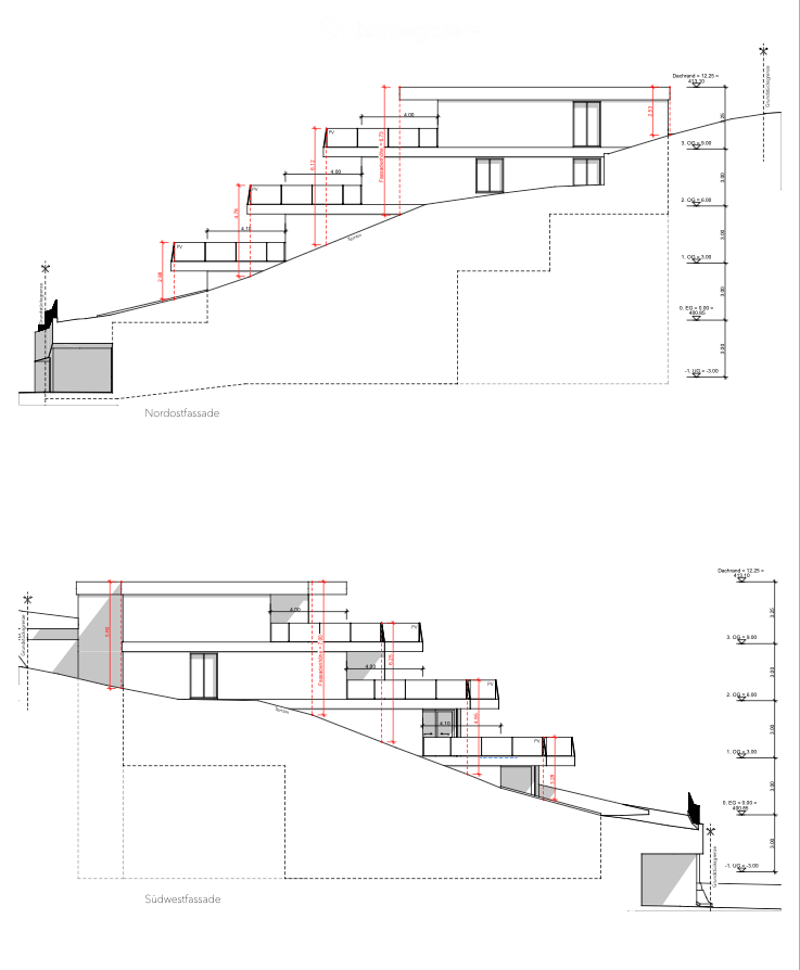 Floor plan showing a multi-level building with labeled dimensions and sections, including a raised ground floor and multiple rooms.