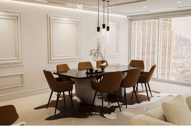 Modern dining room with a sleek black dining table, six brown chairs, a decorative vase, and a teapot on the table. Large windows offer a city view.