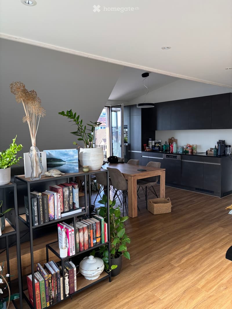 A modern, open-concept living and dining area with a bookshelf, dining table, chairs, kitchen cabinets, and various decorative items including plants and a vase.