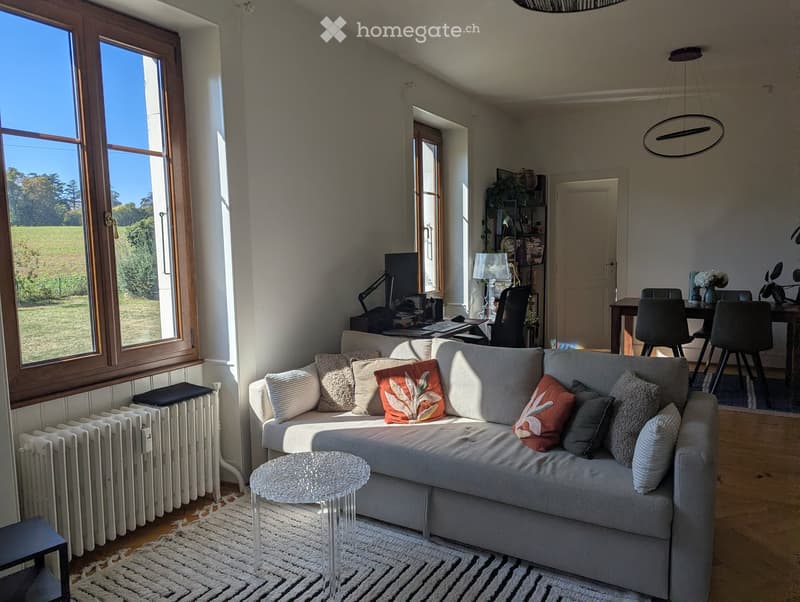 A modern living room with a grey sectional sofa, decorative pillows, a small glass stool, a wooden dining table with chairs, a laptop on a desk, and a large window overlooking a green field.