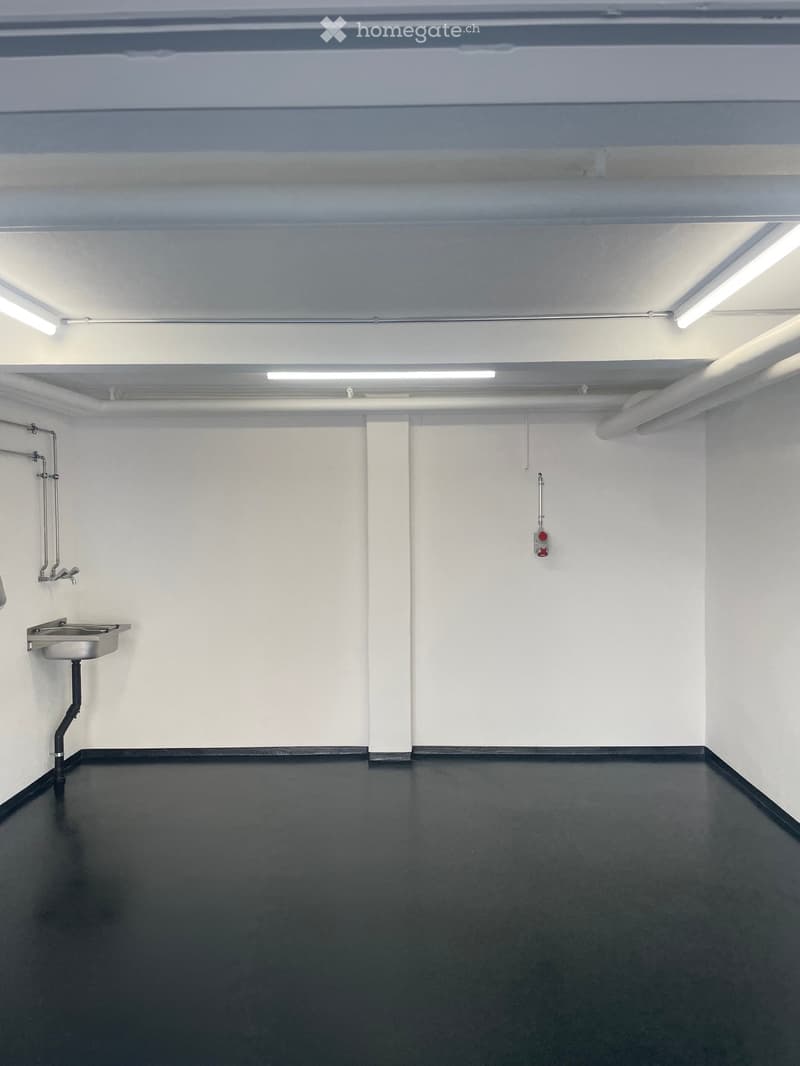 Empty room with white walls, black floor, and a small sink on the left side.