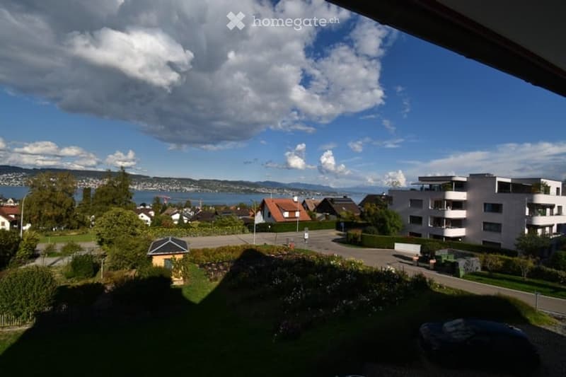 Balcony overlooking a suburban area with houses, trees, and a body of water in the distance under a partly cloudy sky.