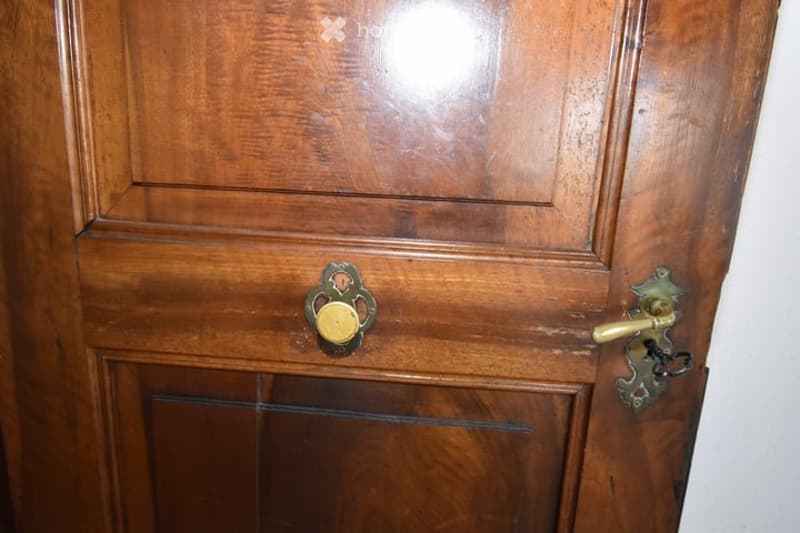 Close-up of a wooden door with ornate brass handles and a lock, featuring a polished finish and classic design.