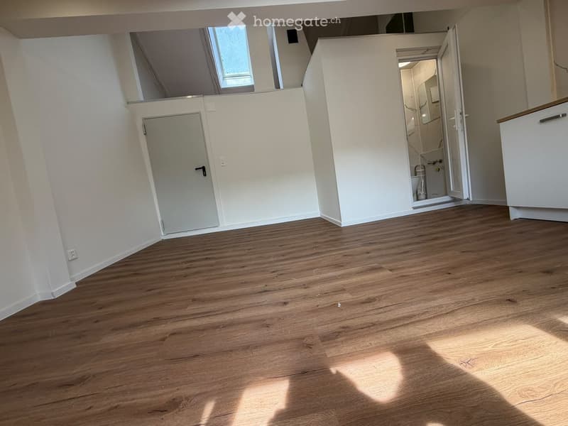 Empty room with wooden flooring, white walls, and open doors leading to a bathroom and closet. Natural light streams in from a skylight.