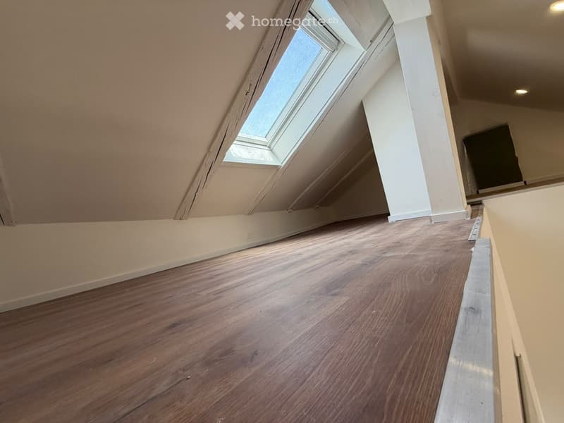 Empty attic space with wooden flooring, slanted ceilings, and a skylight window allowing natural light.