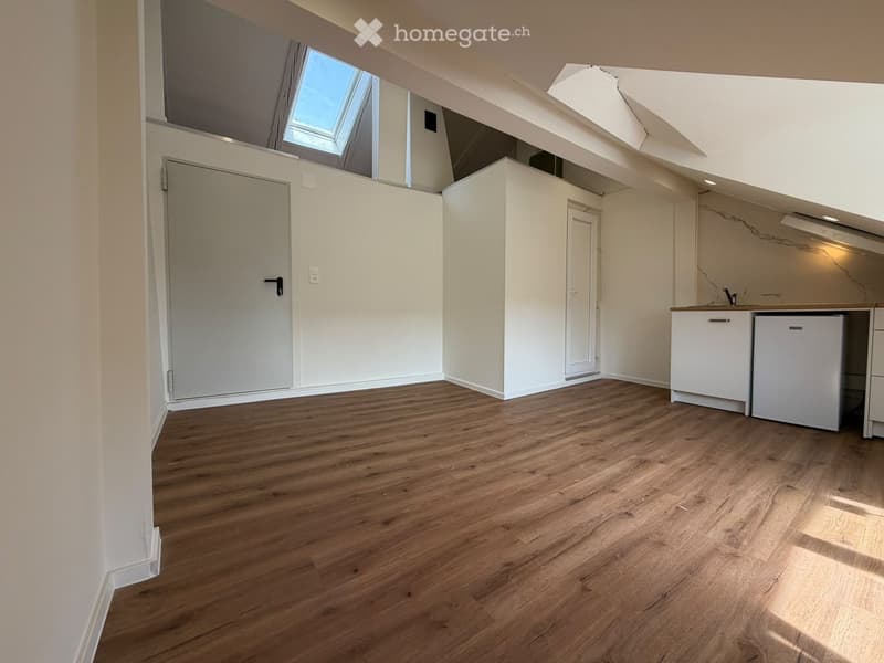 Empty room with wooden flooring, white walls, and a small kitchen area with cabinets and a refrigerator. The room has a skylight window and a door leading to another space.