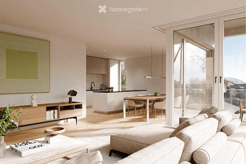 Modern living and dining area with a sofa, coffee table, floor lamp, bookshelf, dining table with chairs, and a kitchen island with a faucet and potted plants. Large windows offer a scenic view.
