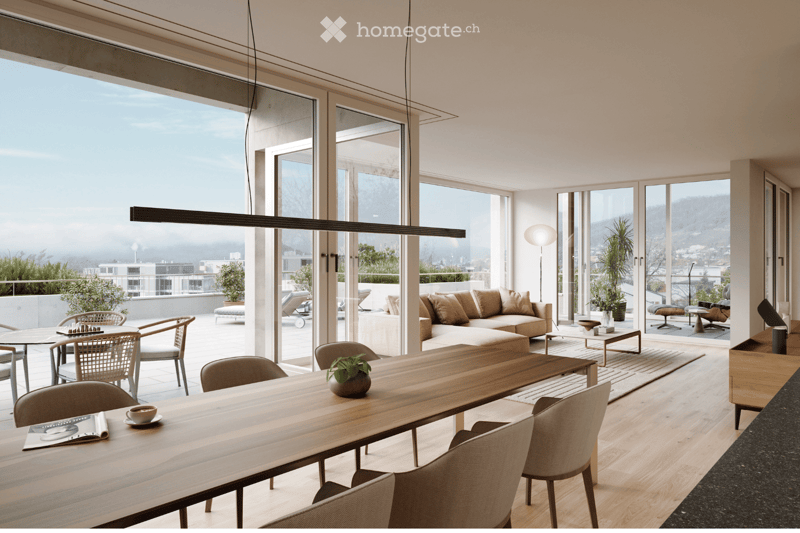 Modern living and dining area with large windows offering a scenic view, featuring a sofa, coffee table, dining table with chairs, and a potted plant on the table.