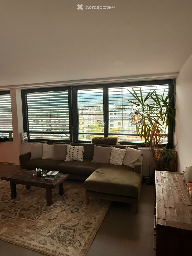 Modern living room with large windows, a sectional sofa, coffee table, and decorative plant.