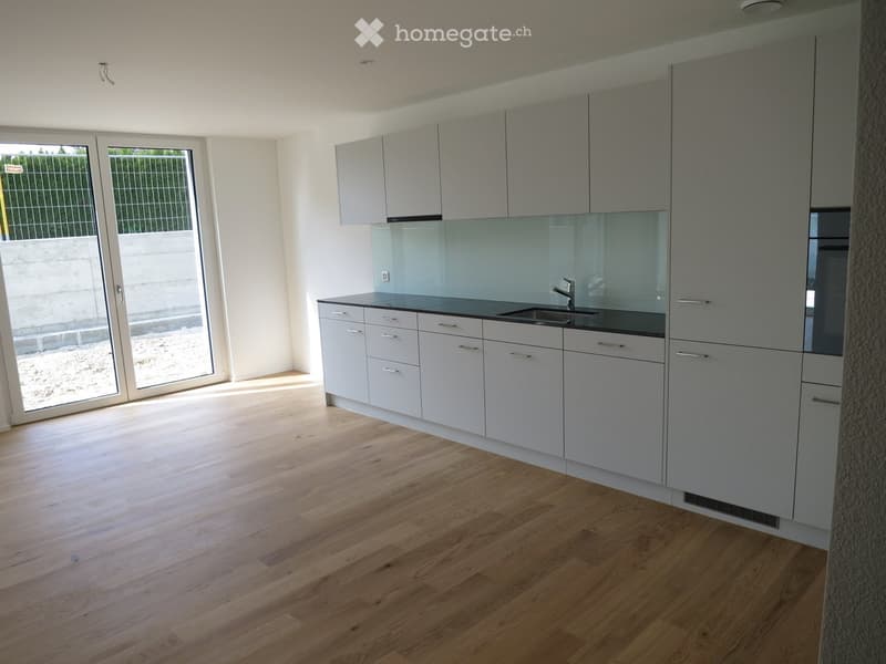 Modern kitchen with light grey cabinets, a black countertop, and a sleek sink. The space features light wooden flooring and large glass doors leading outside.