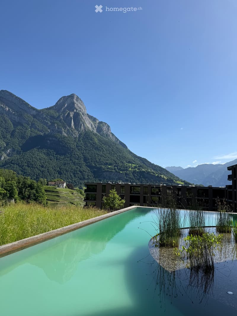 Infinity pool with a scenic mountain backdrop, surrounded by greenery and a modern building.