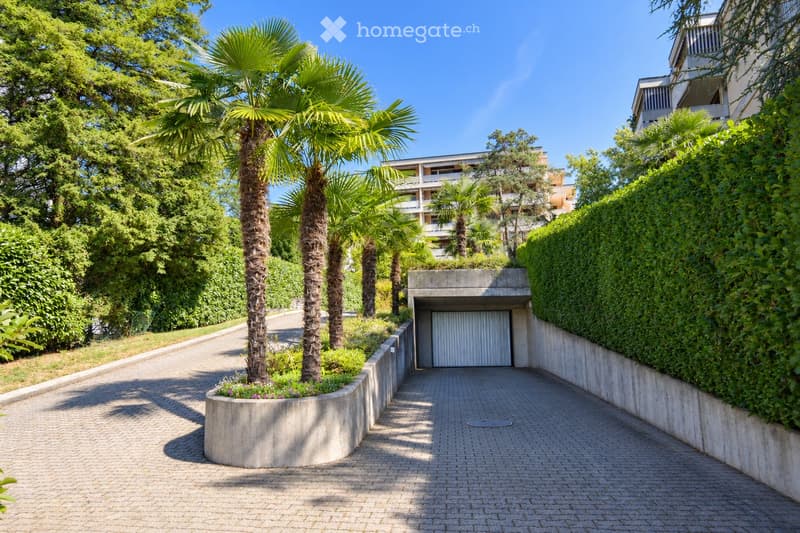Modern residential building entrance with a paved driveway, palm trees, and a garage entrance.