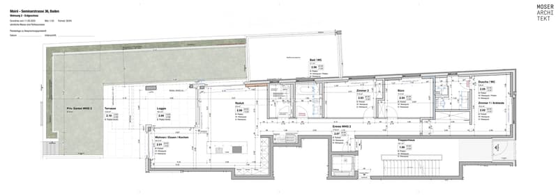Floor plan of a two-story residential building showing multiple rooms including living room, kitchen, bedrooms, bathrooms, and a terrace.