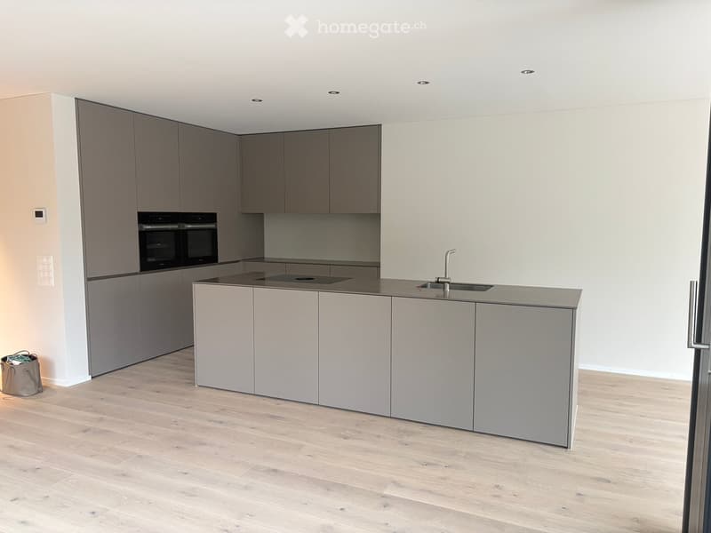 Modern kitchen with grey cabinets, a central island, and built-in ovens. The space features a sleek, minimalist design with a light wooden floor and recessed ceiling lighting.