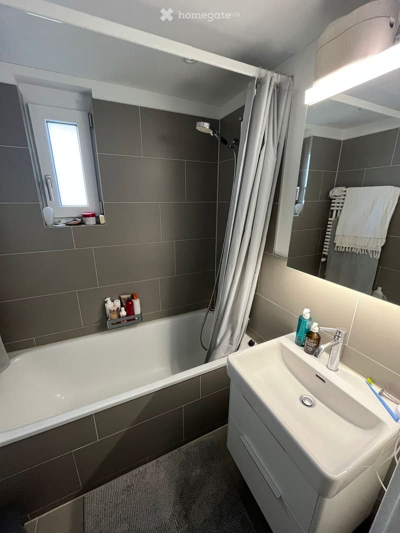 Modern bathroom with a bathtub, sink, mirror, and shower area. Features include a towel, shower curtain, and various toiletries on the sink and bathtub ledge.