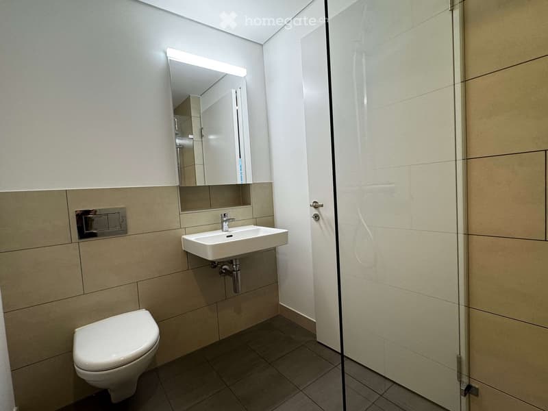 Modern bathroom with a white toilet, sink, and mirror. Light-colored tiles and a glass shower enclosure.