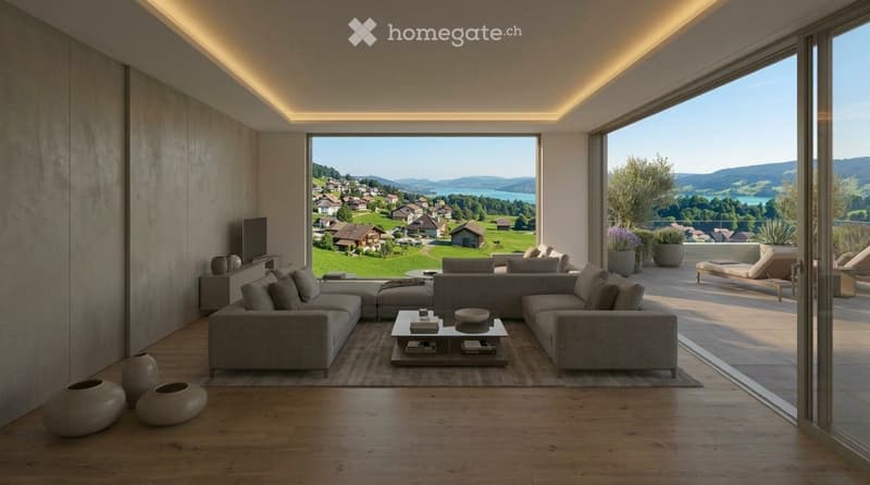 Modern living room with large windows offering scenic views, featuring a sectional sofa, coffee table, decorative vases, and a television.