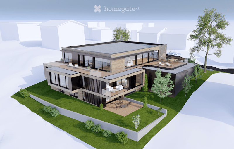 3D rendering of a modern, multi-level house with large glass windows, a flat roof, and a spacious outdoor area with patio furniture and greenery.