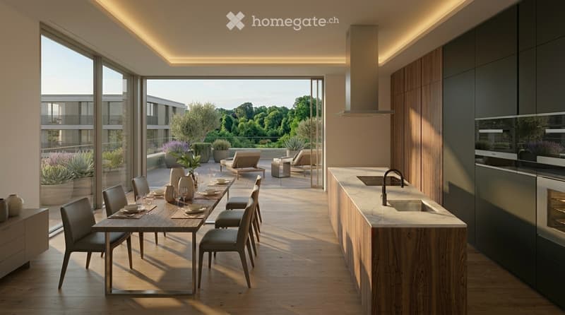 Modern, open-plan kitchen and dining area with wooden flooring, large windows offering a scenic view, a central dining table with chairs, a kitchen island with a sink, and various decorative vases and wine glasses on the table.
