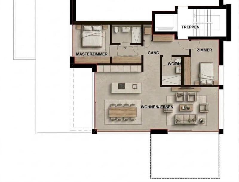Floor plan of a 2-story house with master bedroom, living/dining area, additional bedroom, bathroom, hallway, and staircase.