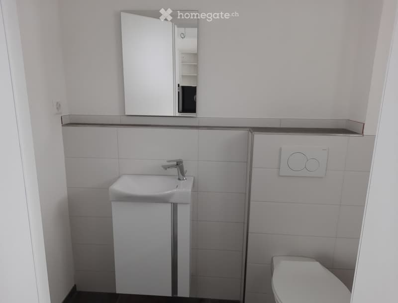 modern bathroom with white tiles, white sink, silver faucet, white toilet, mirror
