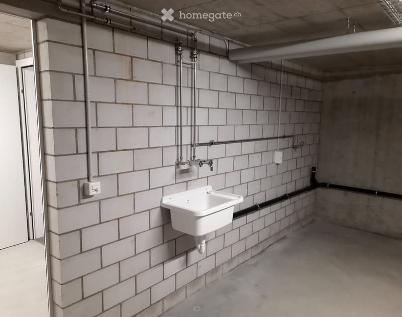 A room with a white brick wall, a white sink with a faucet, and a white door.